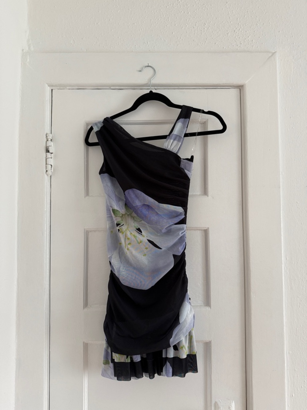 Peppermayo Black One-Shoulder Dress with Lavender Floral Print